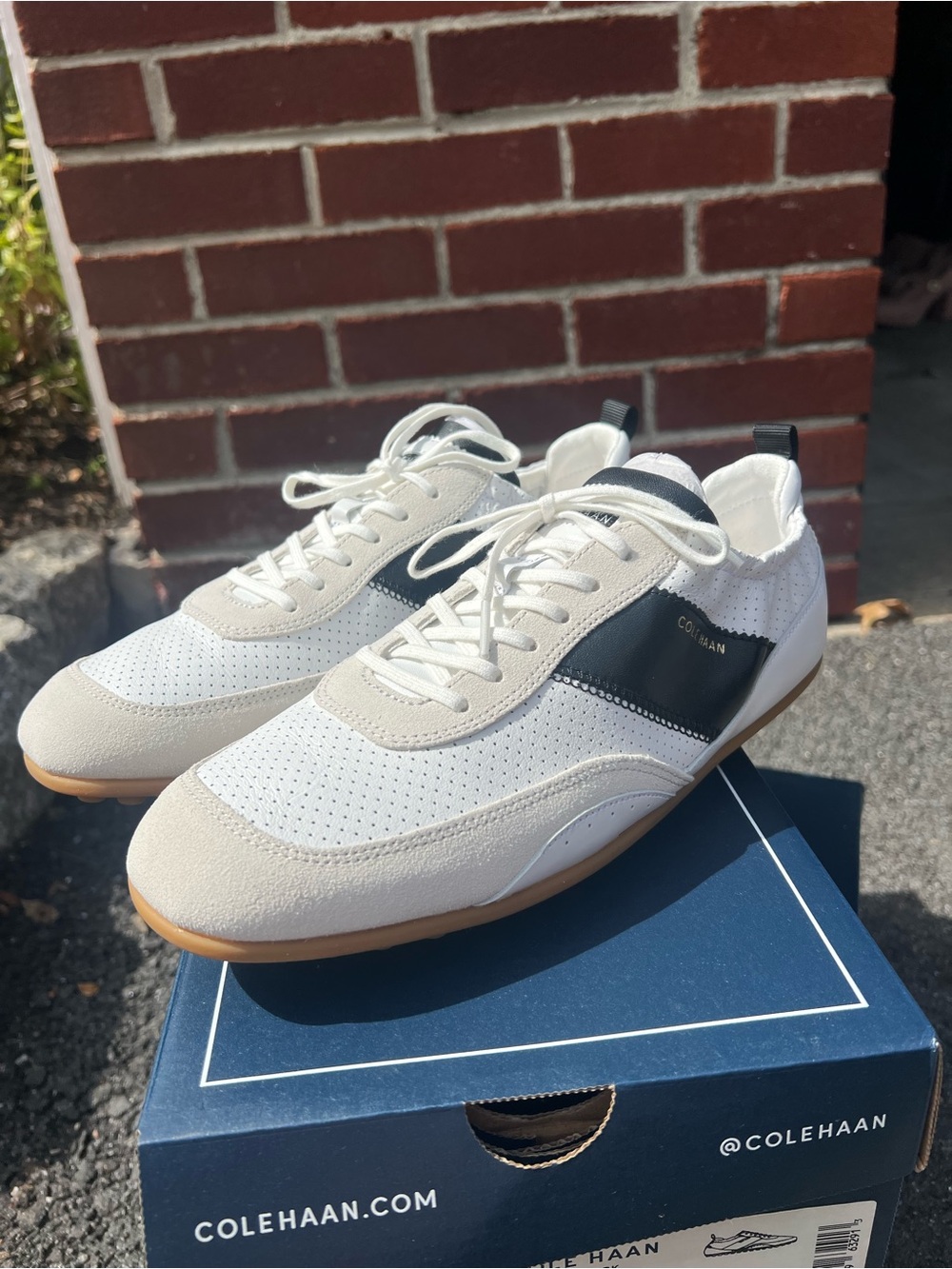 Cole Haan White and Black Suede-Trim Perforated Sneakers